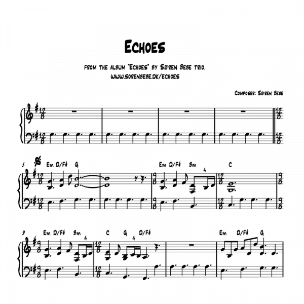 Sheet music for the album “Echoes” by Søren Bebe Trio (PDF)